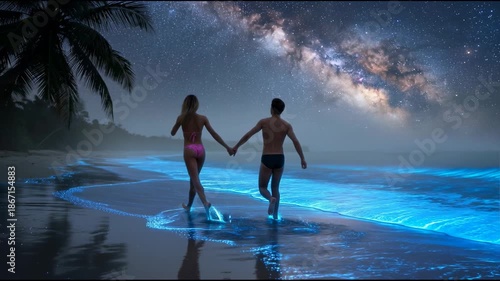 A man and a woman hold hands and run along the glowing beach into the ocean under the starry sky and the Milky Way