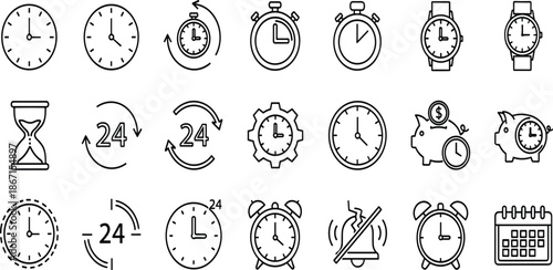 Essential collection of modern outline icons depicting various time-related concepts like clocks, stopwatches, alarm systems, and scheduling for efficient time management and digital interfaces