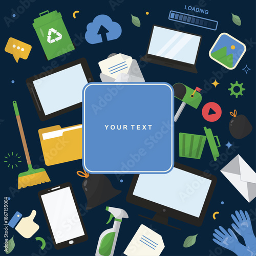 Digital cleanup day editable icons template card. Ideal for posters and social media. Responsible use of digital technologies. Flat design. Vector illustration