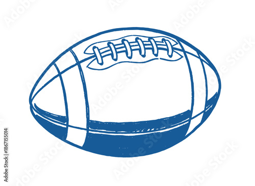 Hand drawn football sketch.Blue sport ball doodle.Rugby game element graphic.Grunge line art pigskin.College football vector icon