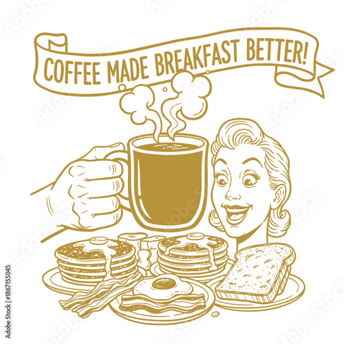 Retro Breakfast Coffee Illustration.Vintage Diner Food and Coffee Art.Happy Woman Morning Meal Graphic.Classic Coffee and Pancakes Design.Breakfast Ma