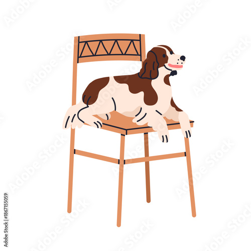 Dog lying on chair. Cute puppy, Cavalier King Charles spaniel breed. Happy doggy, canine animal, pet relaxing, resting on home furniture. Flat vector illustration isolated on white background.