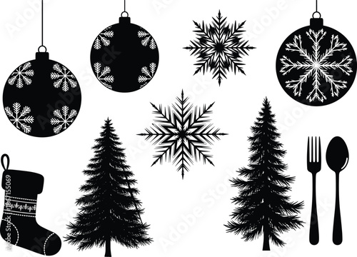 Christmas, Holiday, Festive, Winter, Ornament, Snowflake, Tree, Stocking, Gift, Decoration, Celebration, Season, Vector, Illustration, Artwork, Symbol, Icon, Silhouette, Design, Pattern, Style
