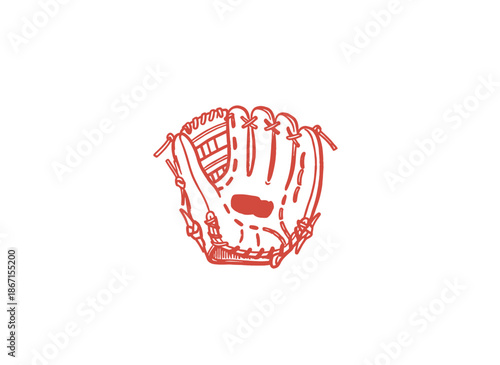 Baseball Mitt Sketch.Hand Drawn Catchers Glove.Red Sport Glove Icon.Vintage Baseball Gear Art.Doodle Vector Illustration