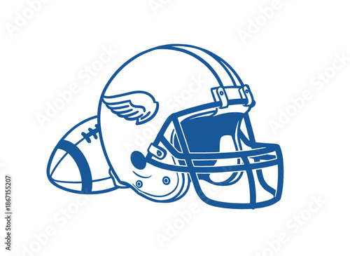 Football Helmet Wings Logo.Vintage Football Sport Badge.Helmet and Ball Vector Graphic.Blue Outline Sport Emblem.American Football Line Art