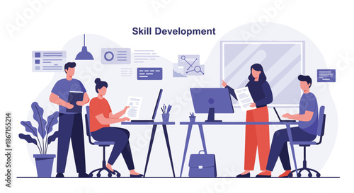 Diverse team collaborating on skill development and training in a modern office environment