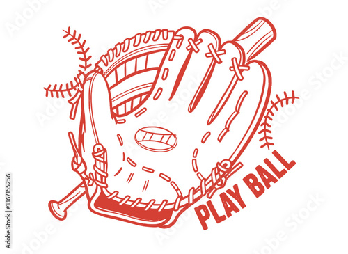 Play Ball Vector Logo.Vintage Baseball Sports Badge.Retro Glove and Bat Illustration.Athletic Mitt Equipment Graphic.Distressed Red Line Art