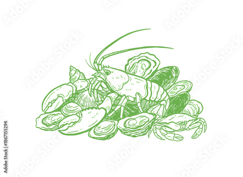 Seafood platter sketch.Hand drawn shellfish mix.Engraving style seafood.Crustacean and mollusks.Vintage food illustration