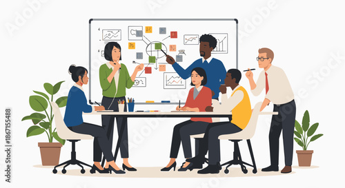 Diverse team collaborating during a business meeting, presenting ideas on a whiteboard with charts.