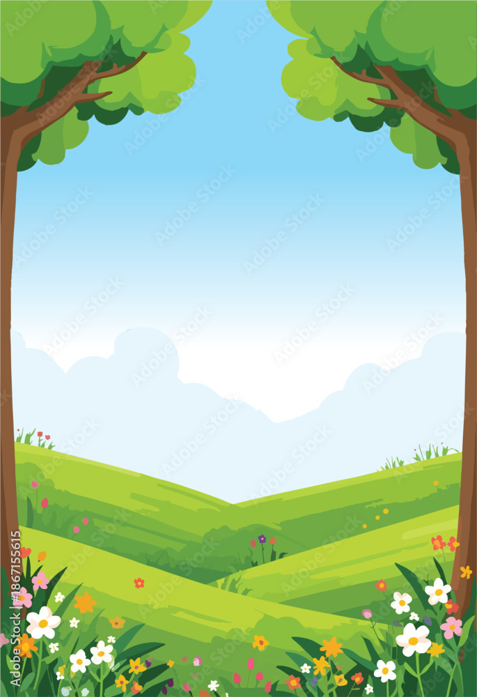 Fototapeta premium summer landscape with tree and flowers vector