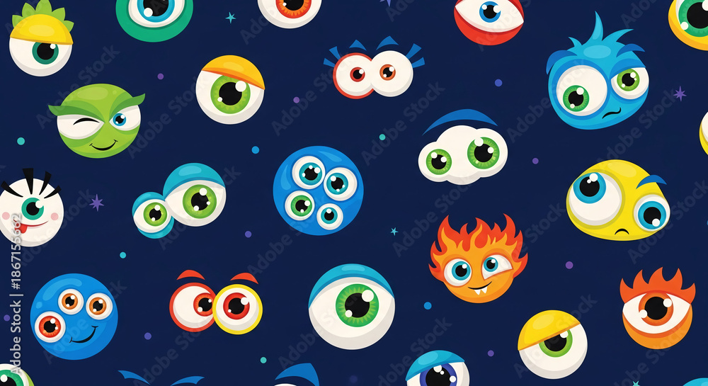 Fototapeta premium Colorful cartoon eyes and monster faces pattern on dark blue background, playful and fun design, ideal for kids, textiles, or digital use