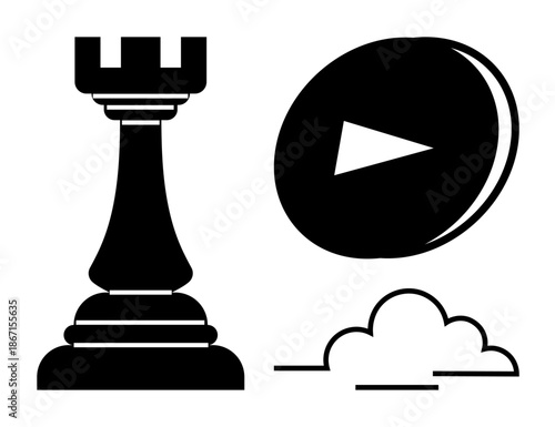 Strategic thinking, digital content, cloud computing, online media, technology concepts, decision-making. A chess rook, a play button and cloud-thumbs up design in a minimalist style. Strategic