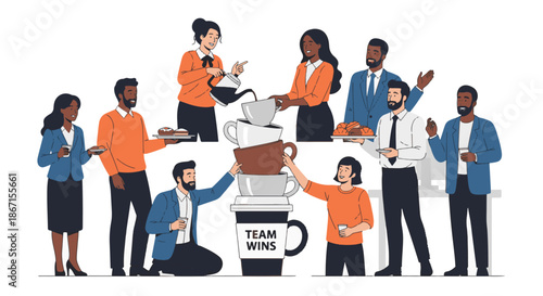 Diverse team celebrating a win with coffee and treats in a collaborative office environment