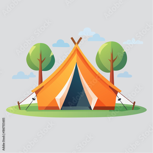 Illustration of a bright orange camping tent set up in a grassy field with two trees and a cloudy sky in the background, perfect for outdoor adventures