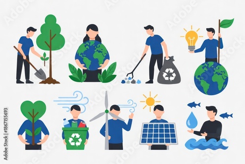 Engaging Illustrations of Environmental Protection with Characters Promoting Sustainability through Recycling, Planting, and Renewable Energy Solutions