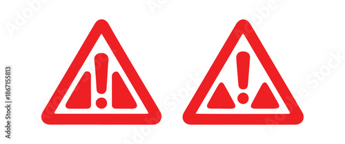 Two identical red triangular warning signs with a central exclamation point and dot are displayed clearly against a white background