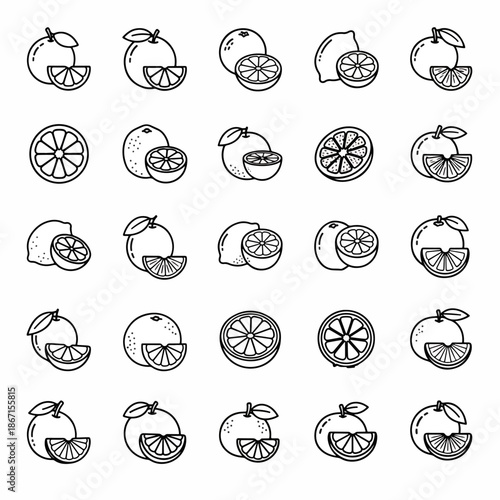Collection of Fresh Citrus Fruits Icons, Including Oranges, Lemons, and Grapefruits, Whole and Sliced