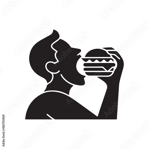 A striking black and white illustration depicts a man enthusiastically biting into a large layered hamburger with visible detail