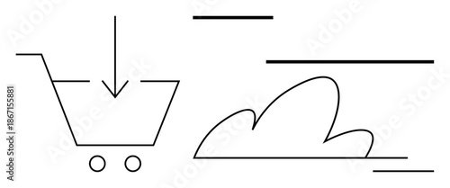 E-commerce, online shopping, cloud computing, digital storage, internet services, technology. A shopping cart with an arrow and a cloud icon. E-commerce and online shopping concept