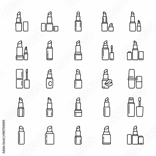 Collection of Black and White Outline Icons of Lipsticks and Makeup Tools on a White Background