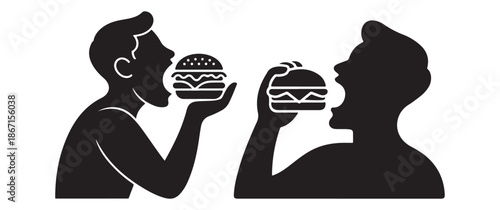 A striking black and white silhouette depicts two individuals simultaneously enjoying large appetizing hamburgers with delight