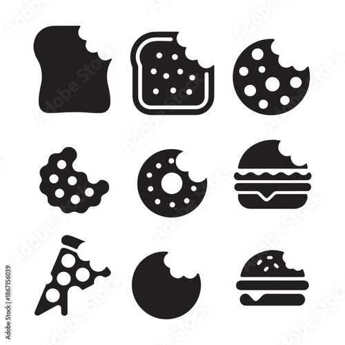 A collection of simple black silhouette icons depicting various partially eaten food items including bread cookies and pizza