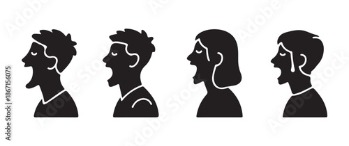 A series of four minimalistic black silhouettes depicting diverse human profiles in a row facing right