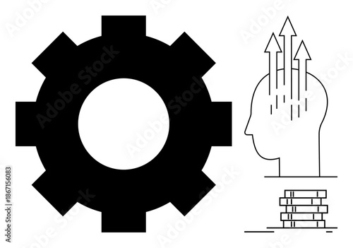 Knowledge concept. Gear and human head with upward arrows growth, innovation, and progress. Knowledge fostering creativity and intellectual development. For education, business, and technology