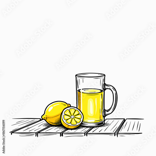 Lemonade in glass with whole and sliced lemons on wooden table  