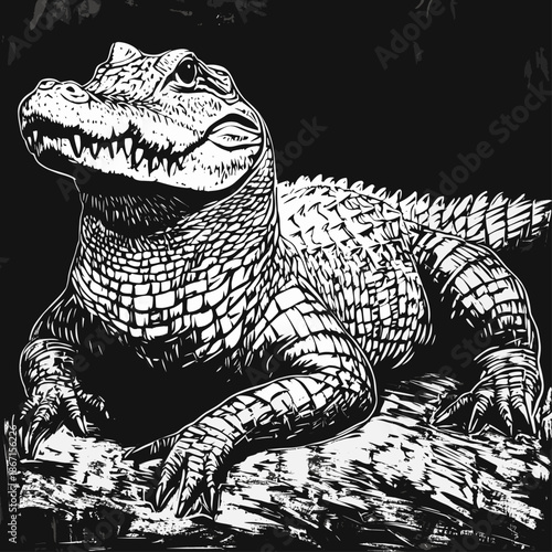 Detailed Black and White Illustration of a Crocodile