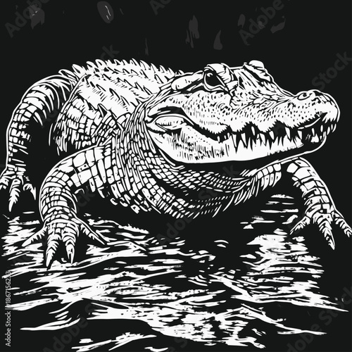 Detailed Black and White Illustration of a Crocodile