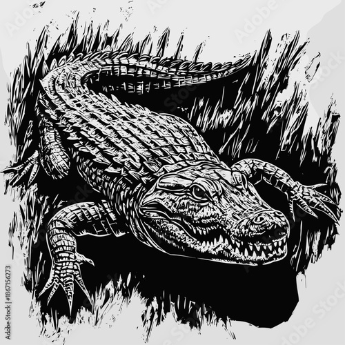 Detailed Black and White Illustration of a Crocodile