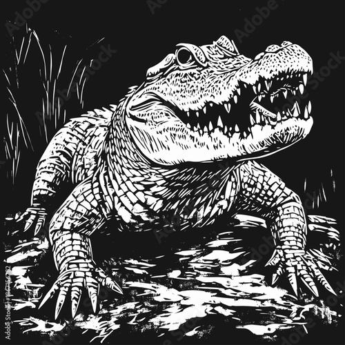 Detailed Black and White Illustration of a Crocodile