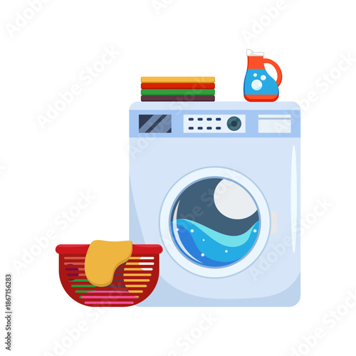 Washing Machine Laundry Illustration with Detergent and Clothes Basket