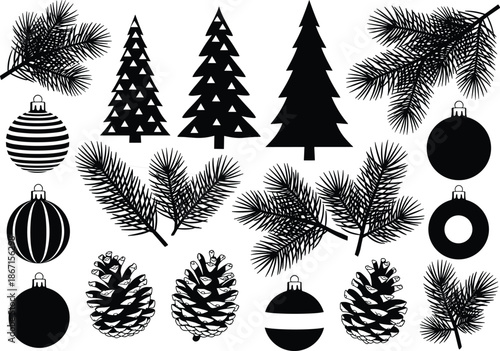 Christmas, Holiday, Festive, Winter, Tree, Pine, Cone, Branch, Ornament, Decoration, Celebration, Season, Silhouette, Vector, Black, White, Design, Illustration, Artwork, Symbol, Nature