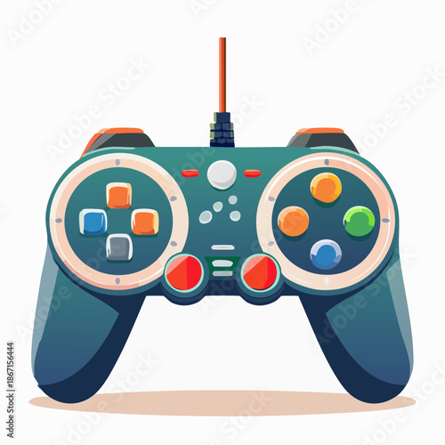 Vibrant vector illustration of a classic wired video game controller, ideal for digital entertainment themes, interactive play designs, and modern gaming concepts in creative projects