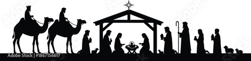 Christmas, Holiday, Festive, Winter, Nativity, Jesus, Mary, Joseph, Baby, Manger, Star, Bethlehem, Stable, Religion, Faith, Worship, Silhouette, Vector, Illustration, Artwork, Designv
