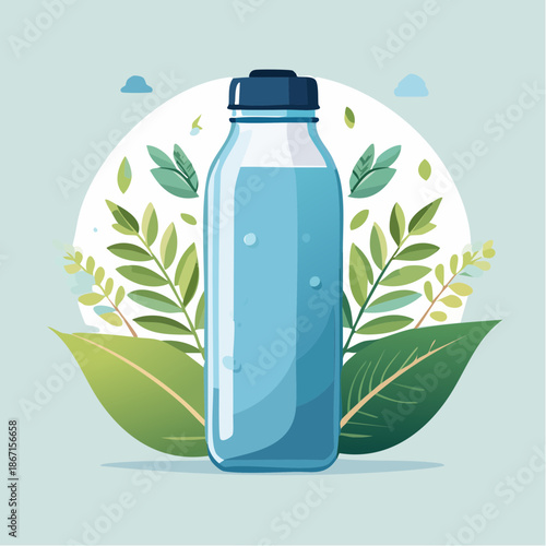 Refreshing Glass Water Bottle Surrounded by Vibrant Green Leaves, Symbolizing Hydration, Purity, and Eco-Conscious Living in a Clean, Flat Illustration Style