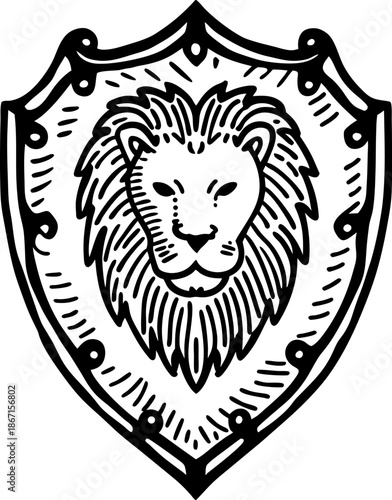 Lion head emblem on medieval shield design with ornate detailing and protective symbolism