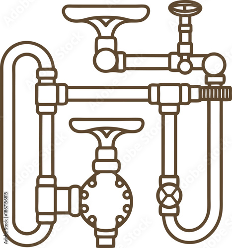 Industrial pipeline system with valves and connectors in outline