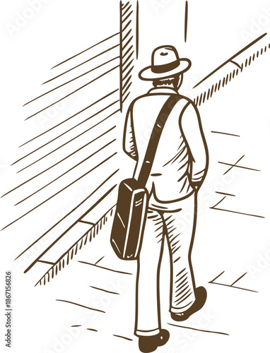 Man walking alone on sidewalk with hat and shoulder bag carrying briefcase