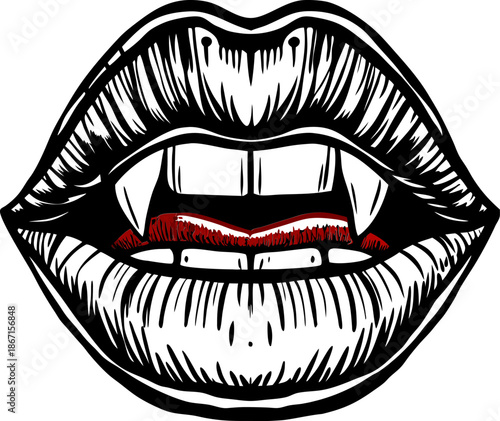 Vampire mouth with sharp fangs and parted lips black and white sketch illustration