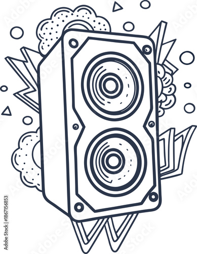 double speaker box with retro explosion design and dynamic sound illustration