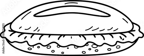 Black and white line drawing of a round empanada with crimped edges and top vent