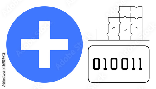Digital innovation. Digital ideas a cross for health or positivity, binary code for programming, and puzzle pieces for solutions. Digital innovation for technology, health, solutions, teamwork