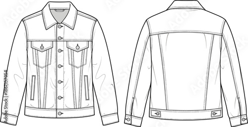 Front and back view denim jacket technical fashion illustration with detailed stitching, buttons, pockets, and classic casual outerwear design