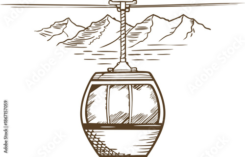 Cable car gondola traveling above mountainous landscape with snowy peaks and sky