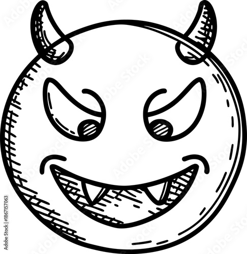 Hand drawn devil face with horns and mischievous expression, black and white sketch