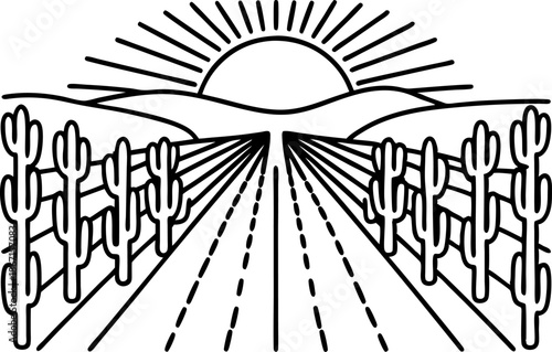 Desert highway at sunrise with cacti on both sides, scenic landscape with mountains and sun