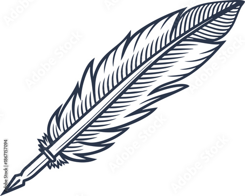 Vintage feather quill pen with pointed metal nib, ink writing tool illustration
